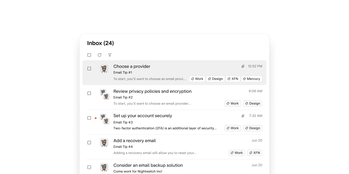 Email inbox with tips for setting up a new email account.
