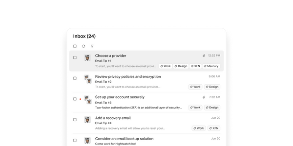 Email inbox with tips for setting up a new email account.