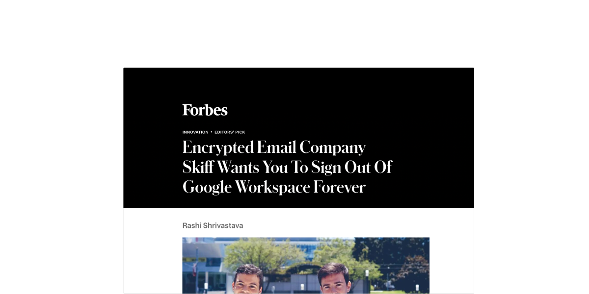 Forbes article cover with Skiff headline and cofounders.