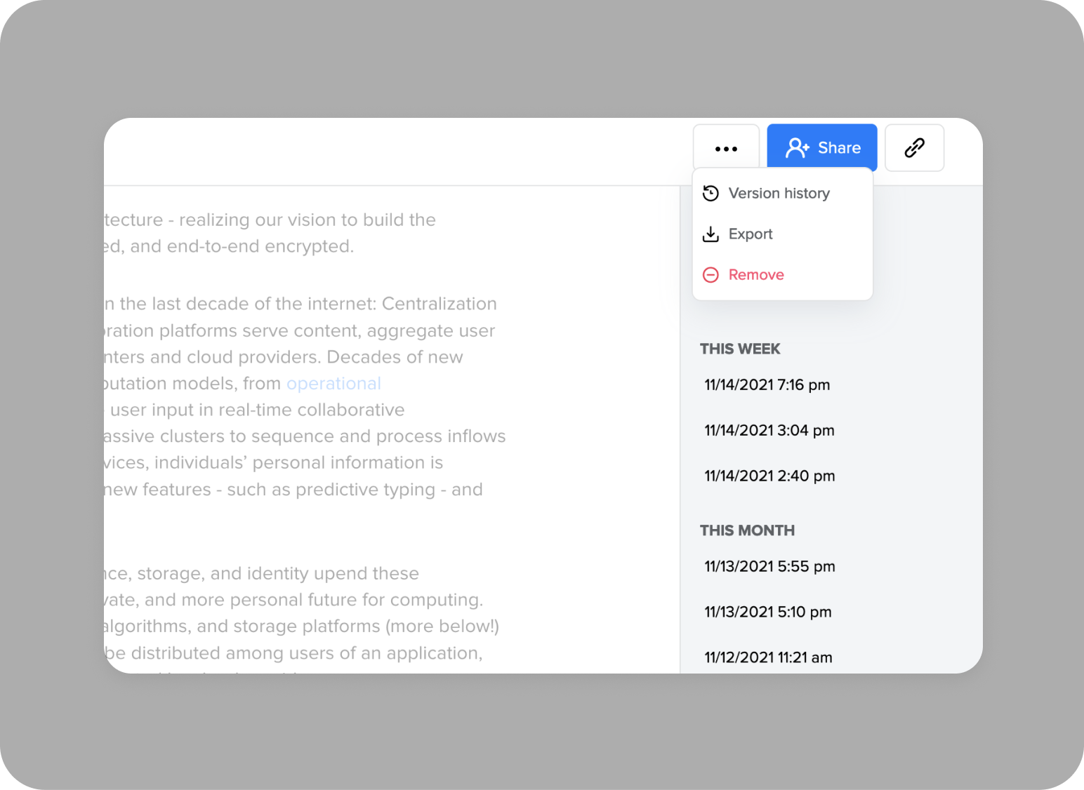 Extra settings tab (Version history, export, remove)