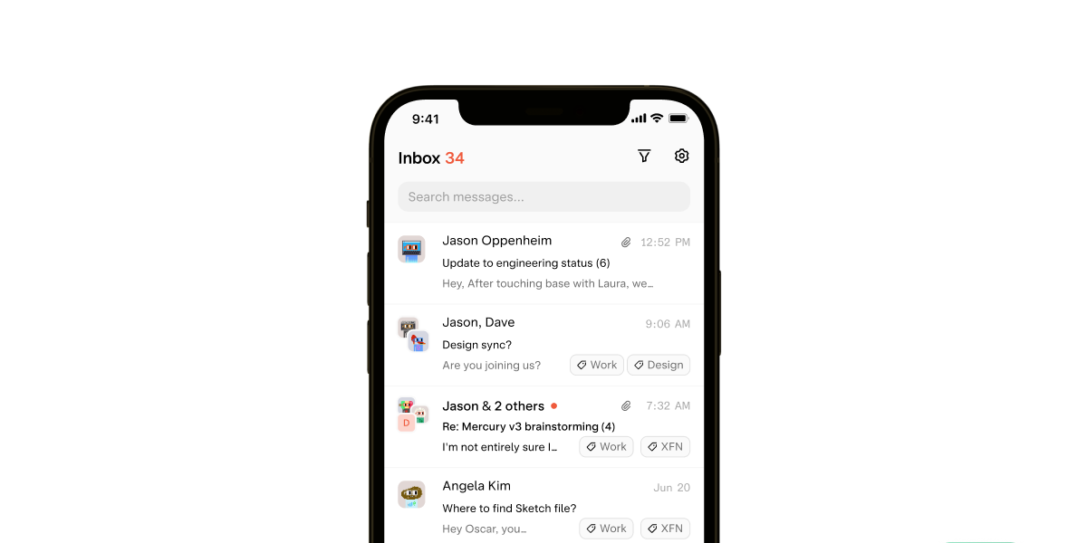 Mobile inbox, including unread messages, subject, and email threads.