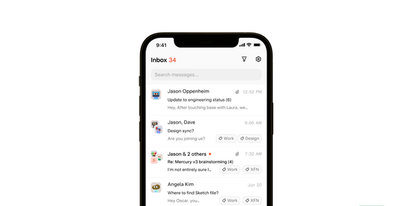 Mobile inbox, including unread messages, subject, and email threads.