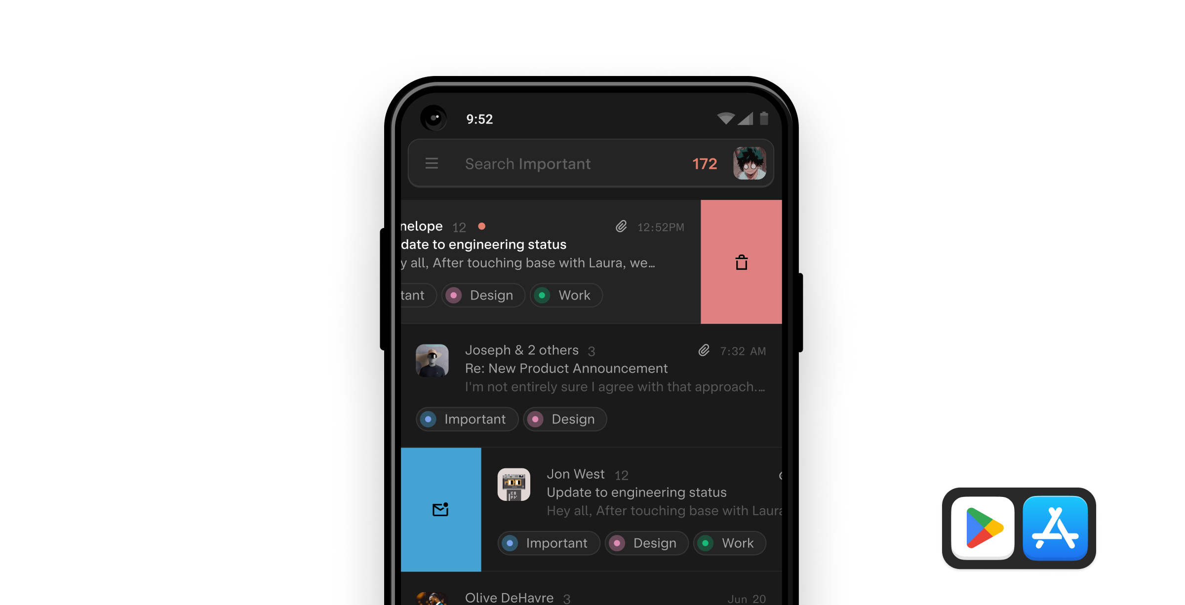 New mail mobile app user interface.