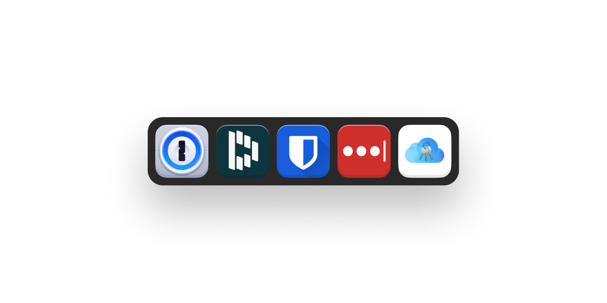 Product icons for Dashlane, Bitwarden, 1Password, LastPass, and iCloud keychain.