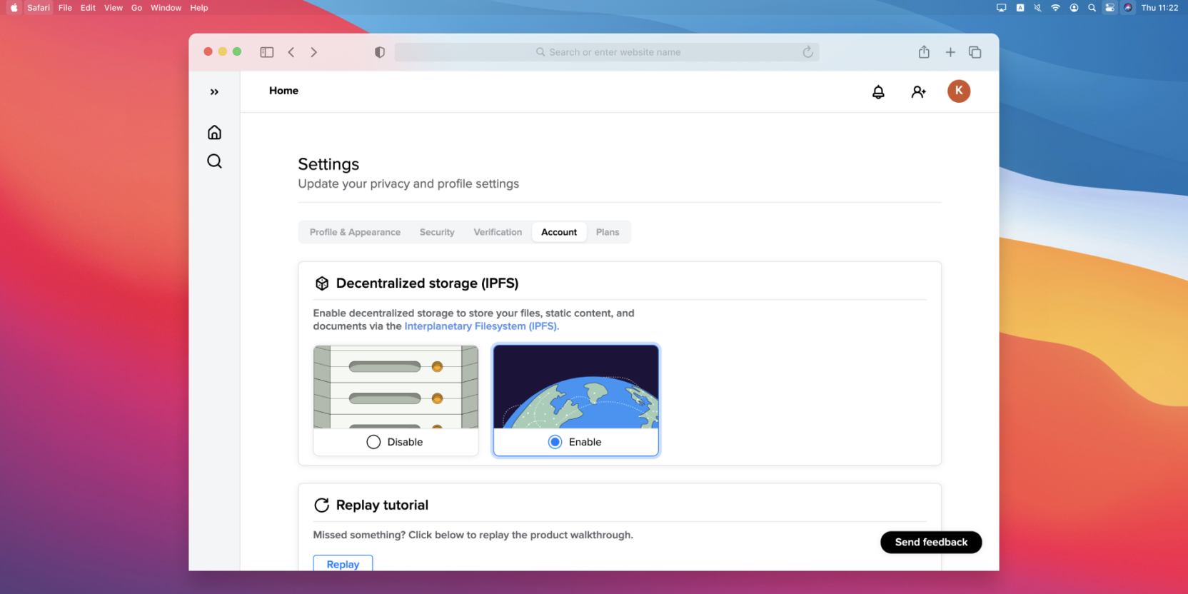Go to the settings page to enable IPFS.