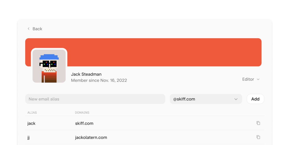 Administrative panel for managing workspace member and email addresses.