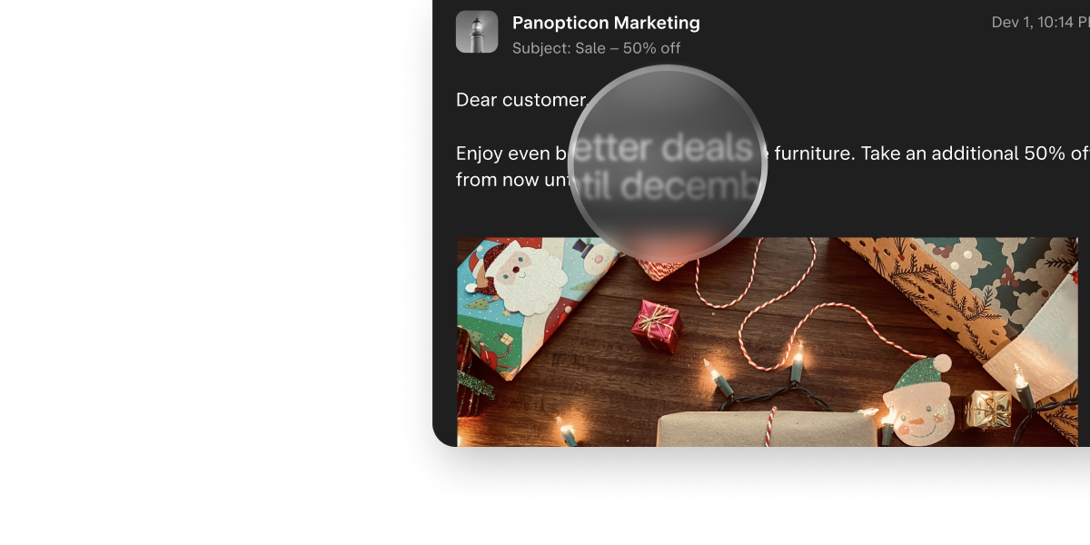 Holiday promotion email with spying magnifying glass.