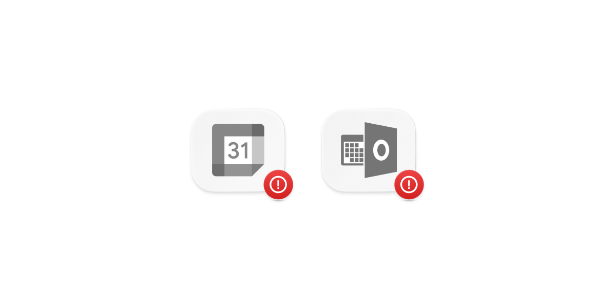 Google Calendar and Outlook Calendar logos with red security warning badges.