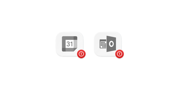 Google Calendar and Outlook Calendar logos with red security warning badges.