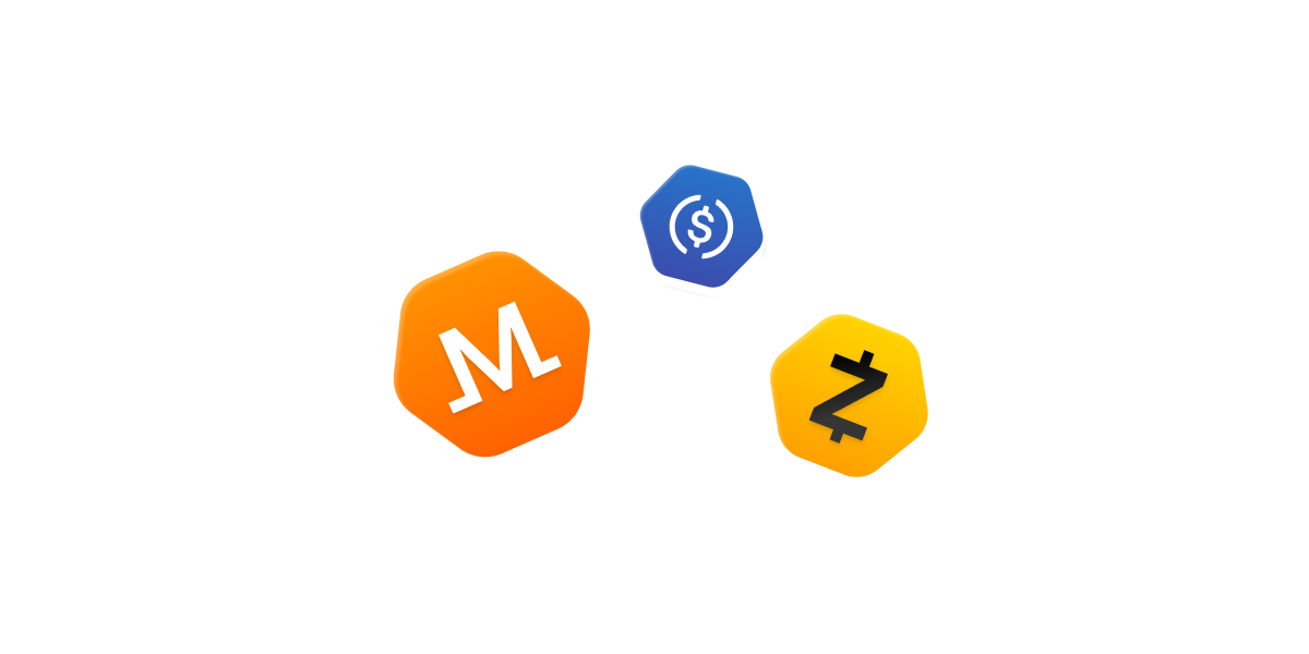 Zcash, Monero, and dollar sign logos.