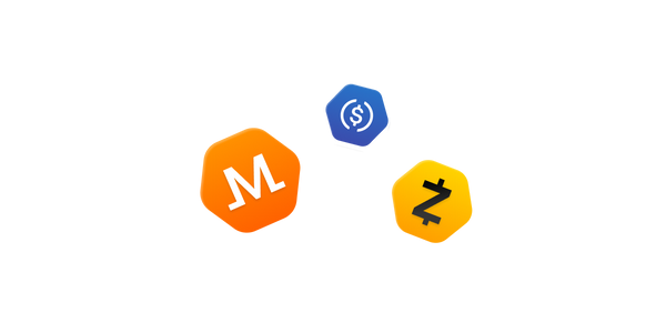 Zcash, Monero, and dollar sign logos.