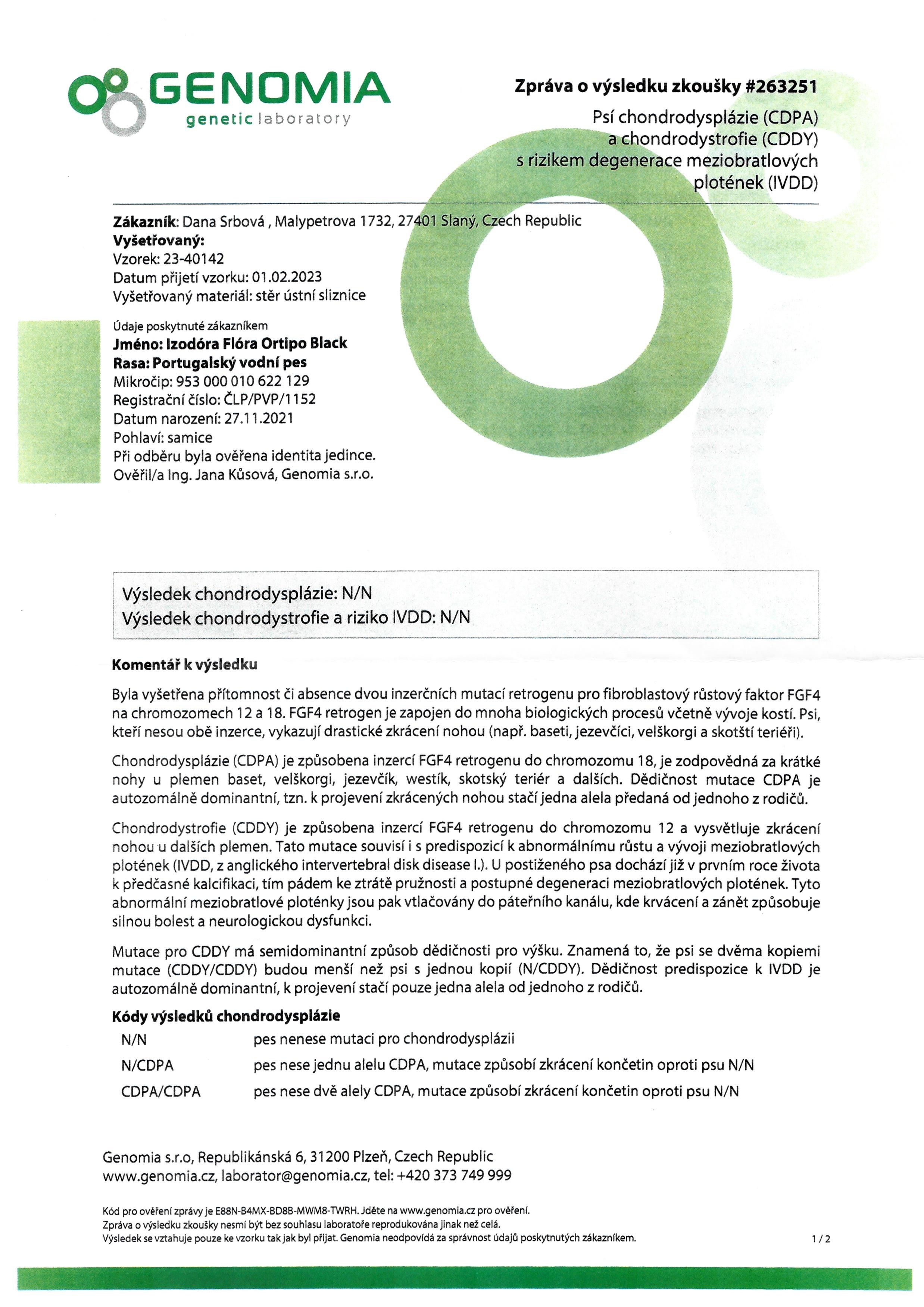 Genomia certifikát CDPA/CDDY/IVDD pro Izi (Izodóra Flóra Ortipo Black) — N/N clear status, Cão Salgado