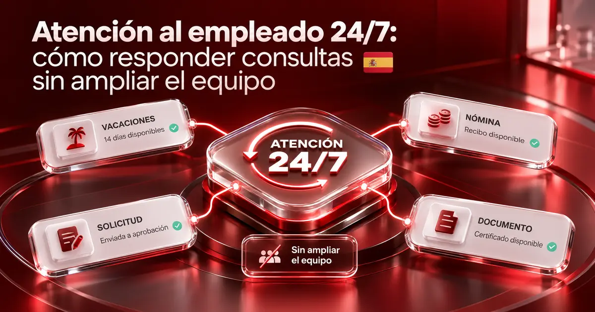 Reloj digital de 24 horas rodeado de tarjetas flotantes con consultas de vacaciones, nómina y certificados respondidas de noche