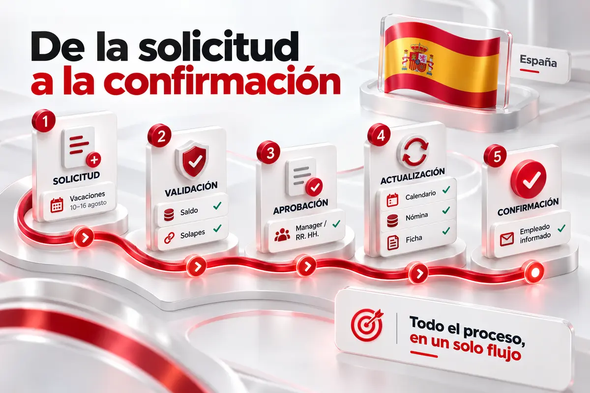 Diagrama de cinco pasos de una solicitud de empleado: solicitud, validación, aprobación, actualización del sistema y confirmación