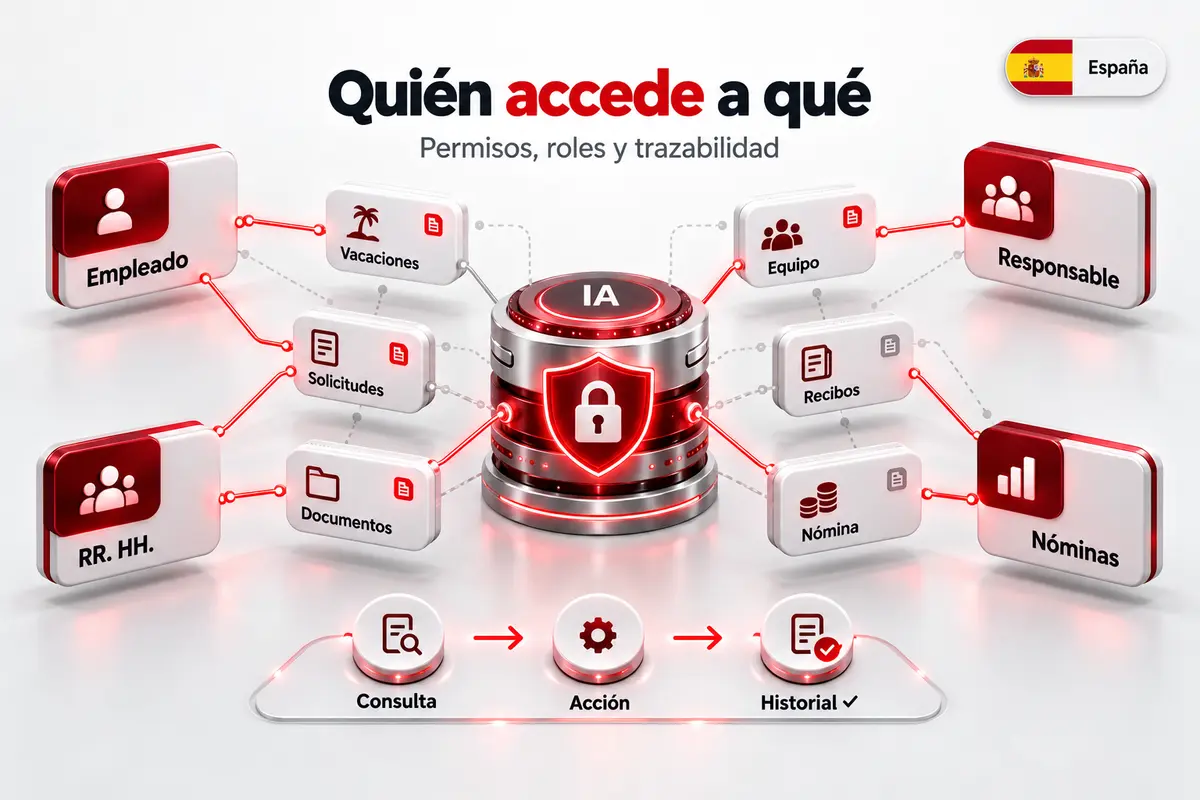 Matriz de roles y permisos: empleado, responsable de equipo, RRHH y nóminas, cada uno con acceso a distintos datos a través del agente IA