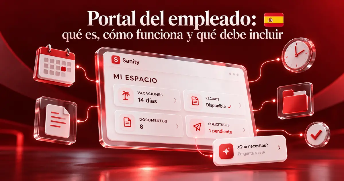 Interfaz de portal del empleado con módulos de nómina, vacaciones, documentos y solicitudes en tarjetas flotantes