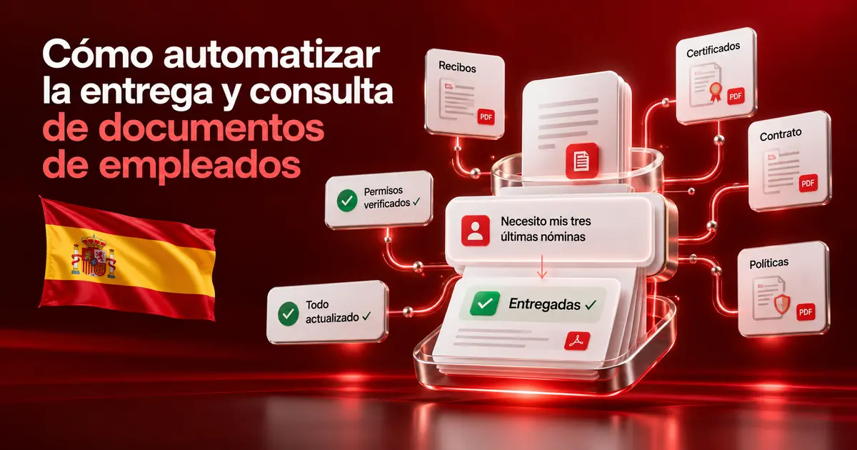 Documentos laborales flotantes ordenados en capas, con un candado rojo y una card de entrega que llega a un móvil