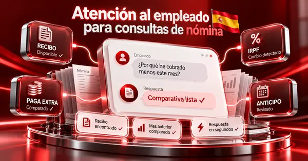 Recibo de salarios flotante con dos líneas resaltadas en rojo y una burbuja de chat que explica la diferencia respecto al mes anterior