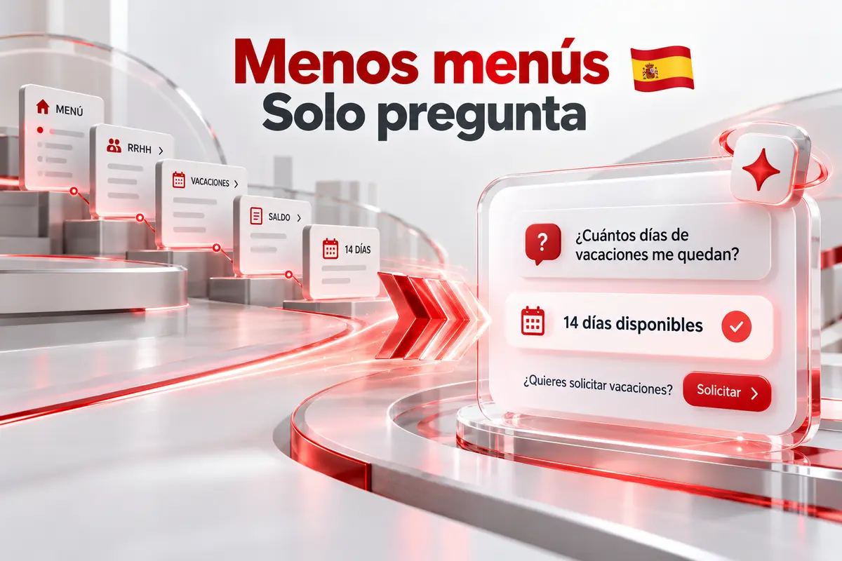 Comparación entre un portal del empleado basado en menús y un portal con agente IA que responde y ejecuta