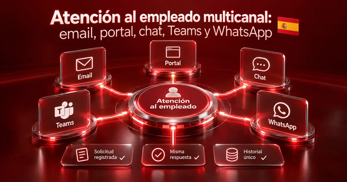 Iconos de email, portal, chat corporativo y mensajería móvil conectados a un único núcleo de información de RRHH