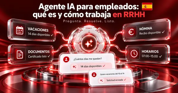 Agente IA representado como núcleo rojo que conecta solicitudes, aprobaciones y sistemas de RRHH