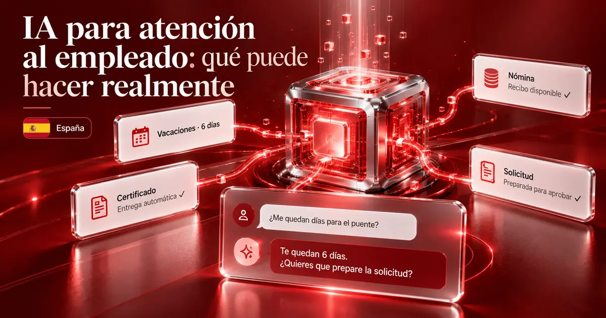 Núcleo de IA rojo conectado a tarjetas flotantes de vacaciones, nómina y documentos sobre fondo oscuro