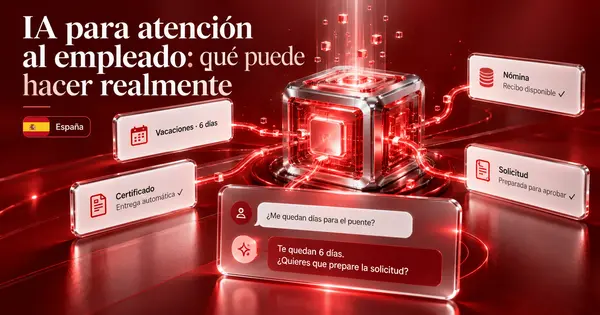 Núcleo de IA rojo conectado a tarjetas flotantes de vacaciones, nómina y documentos sobre fondo oscuro