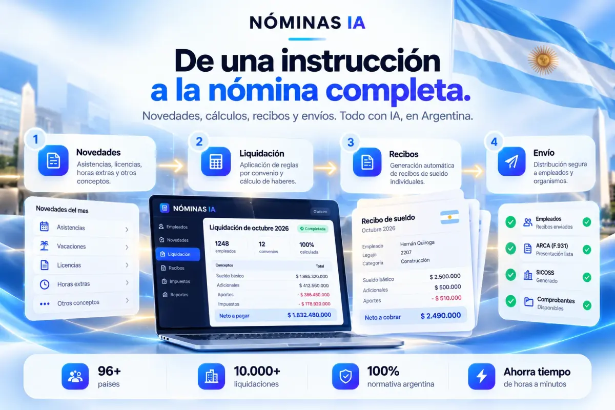 NÓMINAS IA en Argentina, de una instrucción a la nómina completa con novedades, liquidación, recibos y envío