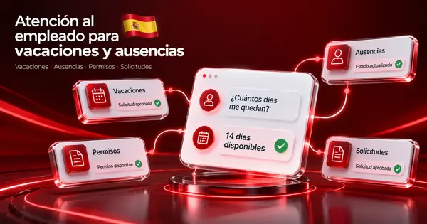 Calendario flotante con días de vacaciones marcados en rojo junto a una burbuja de chat que muestra el saldo de días de un empleado