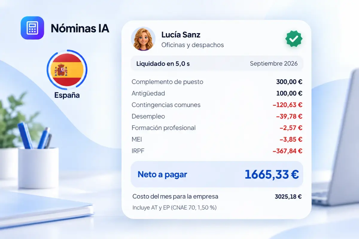 Nómina de septiembre liquidada por Nóminas IA en España con cotizaciones, IRPF y neto a pagar
