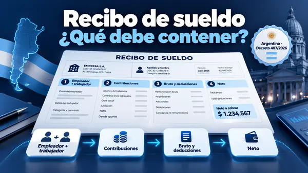 Recibo de sueldo con sus secciones: empleador y trabajador, contribuciones, bruto y deducciones, y neto a cobrar
