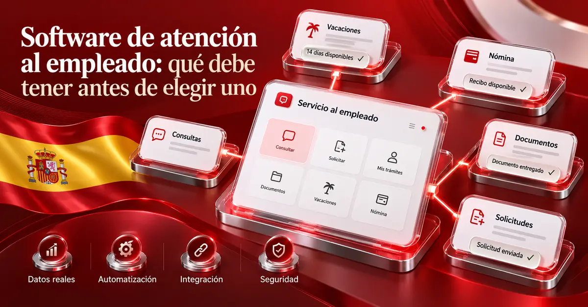 Checklist flotante para elegir software de atención al empleado con módulos de consultas, documentos, vacaciones, nómina y seguridad