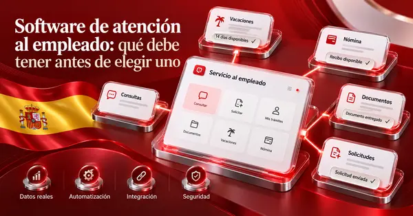 Checklist flotante para elegir software de atención al empleado con módulos de consultas, documentos, vacaciones, nómina y seguridad