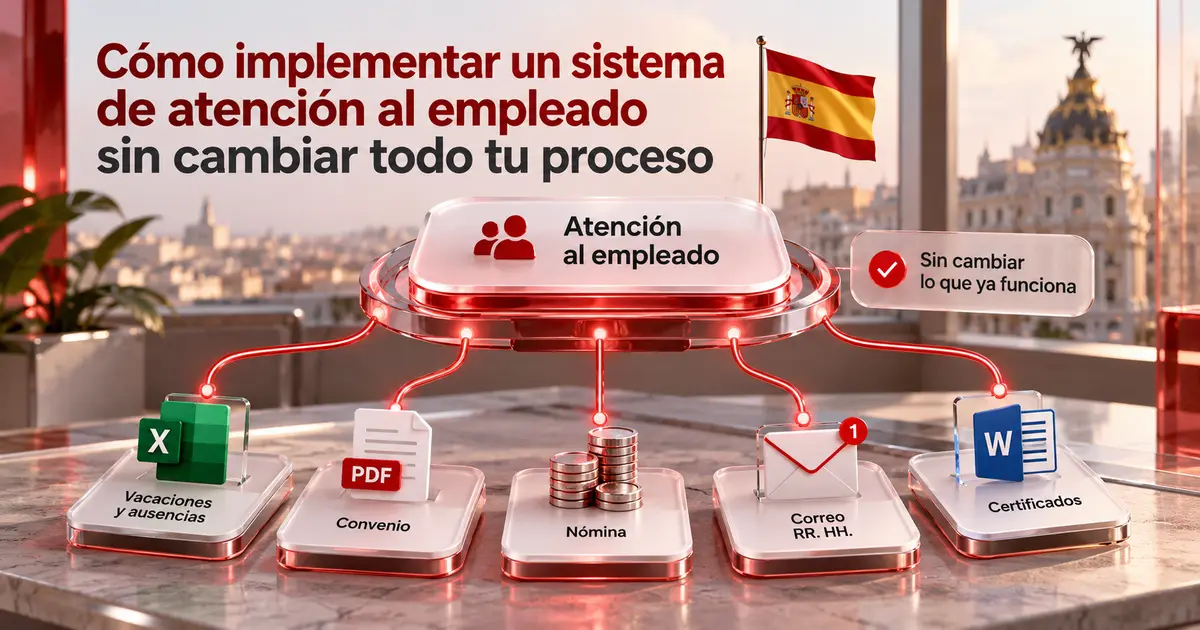 Capas de Excel, documentos y sistemas existentes con una capa roja de atención al empleado encima