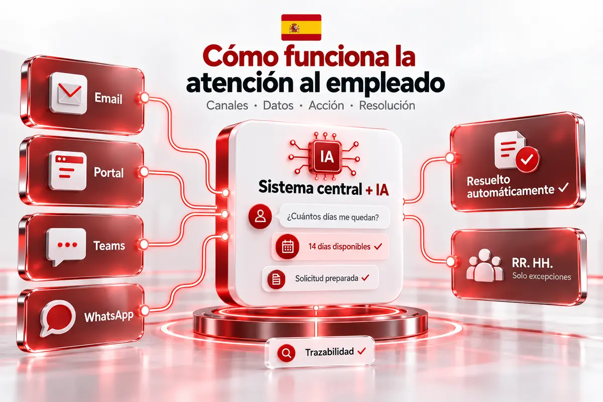Flujo de una consulta de empleado: pregunta, verificación de identidad, consulta de datos, acción y escalado a RRHH