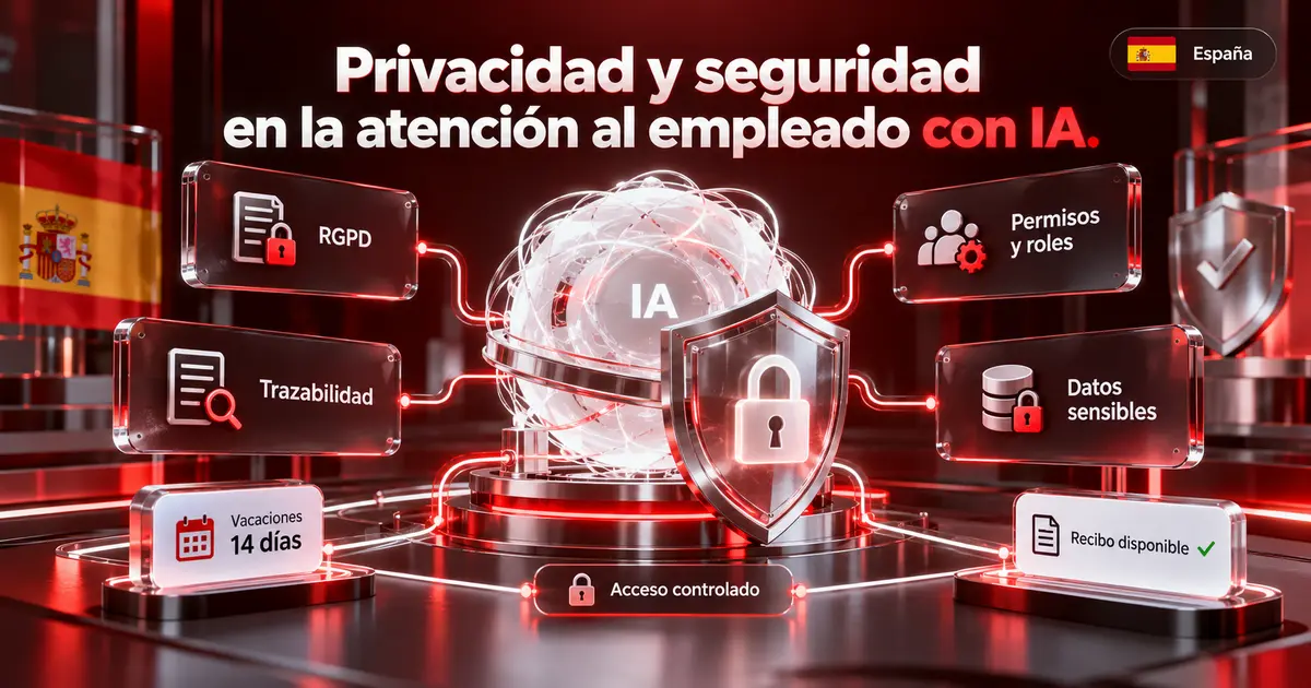 Escudo digital protegiendo datos de empleados mientras un agente IA responde consultas de RRHH con acceso controlado