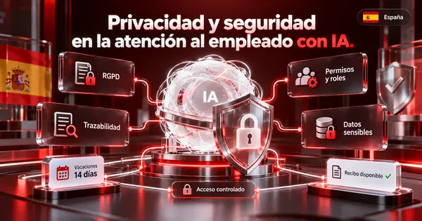 Escudo digital protegiendo datos de empleados mientras un agente IA responde consultas de RRHH con acceso controlado