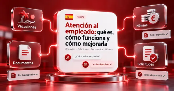 Núcleo digital de un agente IA rodeado de tarjetas flotantes de vacaciones, nómina, documentos y chat de empleados