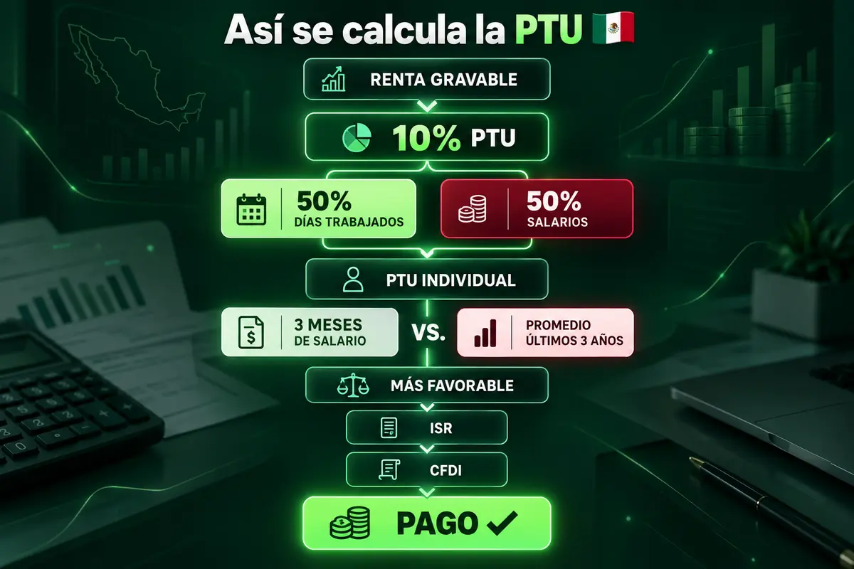 Así se calcula la PTU: 10 % de la renta gravable, 50 % por días trabajados y 50 % por salarios, tope individual, ISR y CFDI