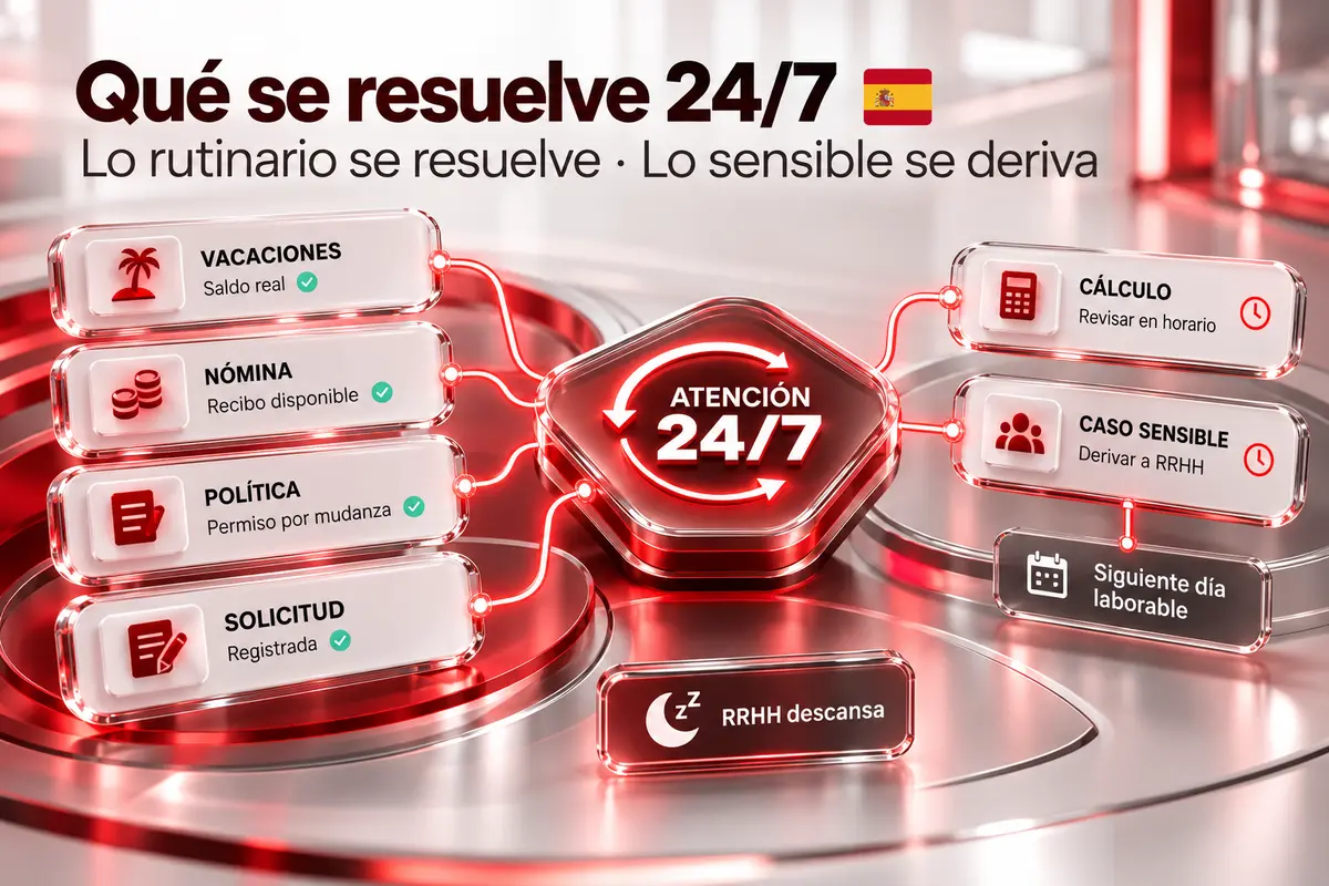 Flujo de una consulta de empleado a las 23:40: el agente IA responde lo rutinario y deja a RRHH solo la excepción para la mañana siguiente