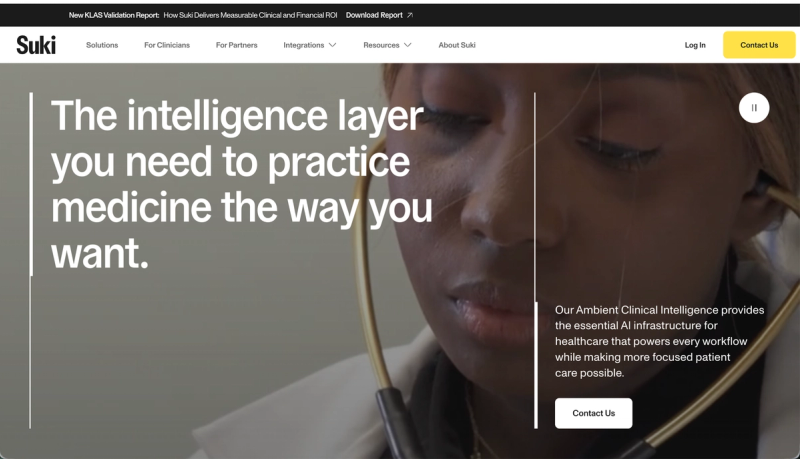 Suki homepage highlighting AI clinical intelligence, ambient documentation, and tools to support workflows, coding, and patient care