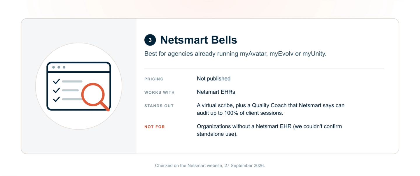 Netsmart Bells: best for agencies already on the myAvatar, myEvolv or myUnity EHRs. Pricing not published; integrated with Netsmart EHRs; includes a virtual scribe and a Quality Coach that Netsmart says can audit up to 100% of client sessions.