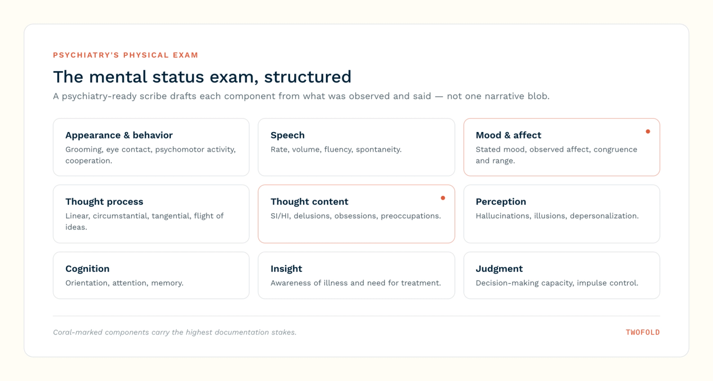 The nine components of a structured mental status exam: appearance and behavior, speech, mood and affect, thought process, thought content, perception, cognition, insight, and judgment — with mood/affect and thought content carrying the highest documentation stakes.