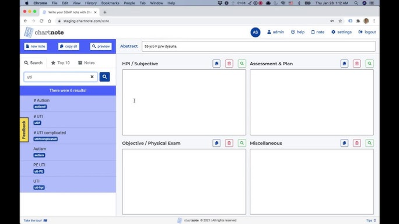 Chartnote web interface showing SOAP note editor with sections for Subjective, Objective, Assessment & Plan.