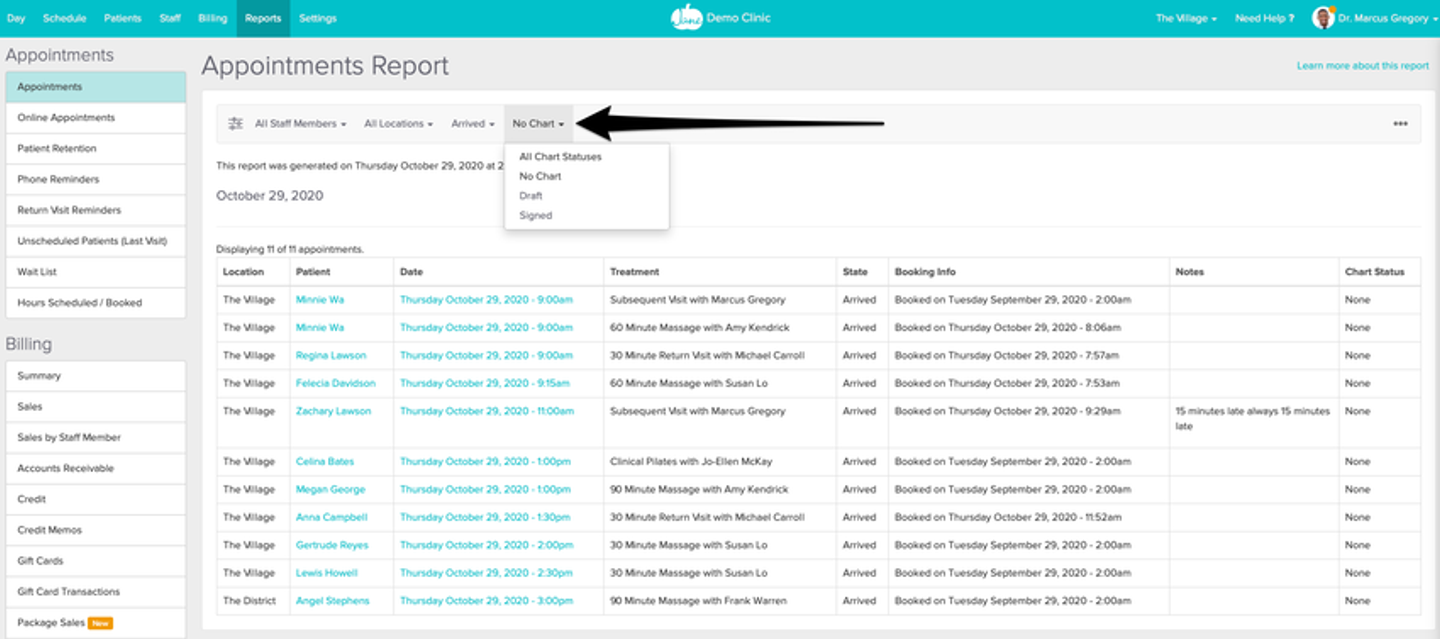 Jane App interface displaying an "Appointments Report" with patient details, booking info, treatment type, and chart status filters in a dropdown menu.