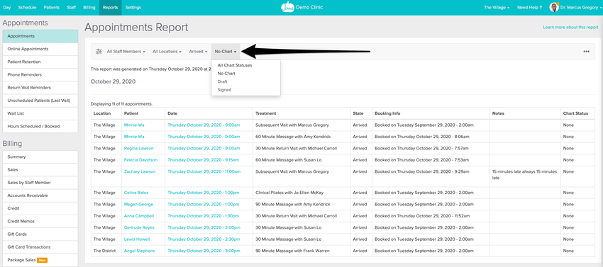Jane App interface displaying an "Appointments Report" with patient details, booking info, treatment type, and chart status filters in a dropdown menu.