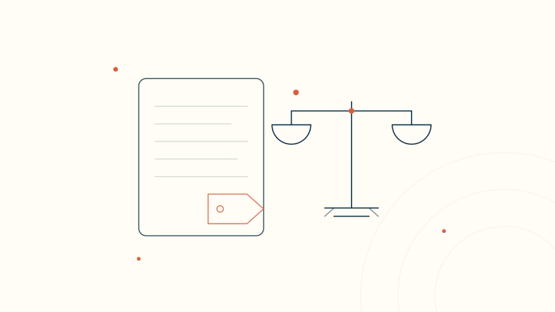A clinical note with a billing-code tag beside a balanced scale — accurate medical coding that is neither under nor over.