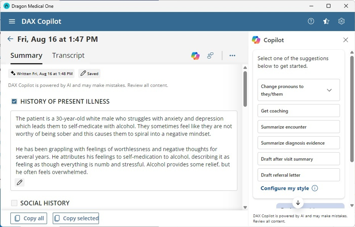 DAX Copilot interface summarizing a patient encounter, with history of present illness and AI suggestions panel on the right.