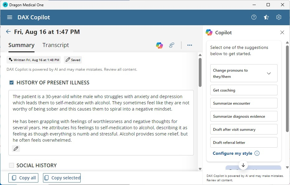 DAX Copilot interface summarizing a patient encounter, with history of present illness and AI suggestions panel on the right.