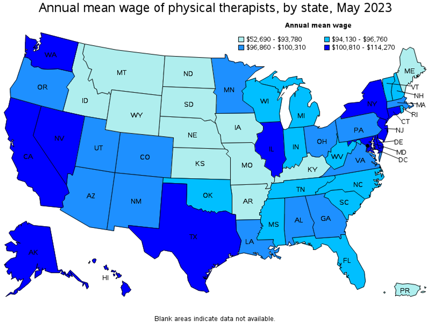 Annual mean wage of physical therapists by state